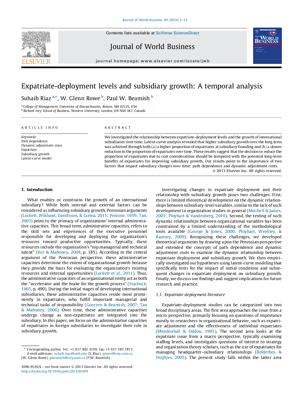 Expatriate-deployment levels and subsidiary growth: A temporal analysis