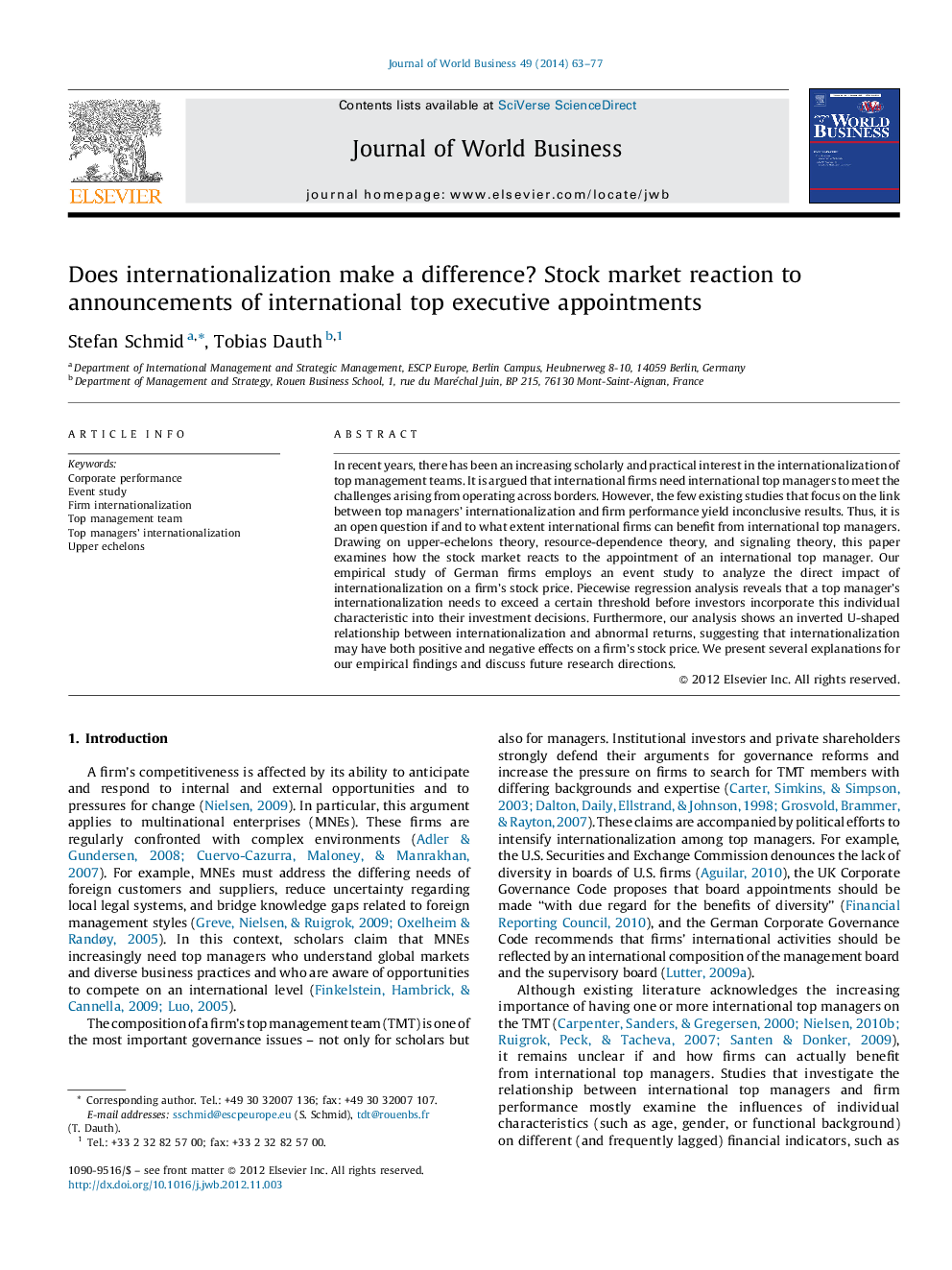 Does internationalization make a difference? Stock market reaction to announcements of international top executive appointments