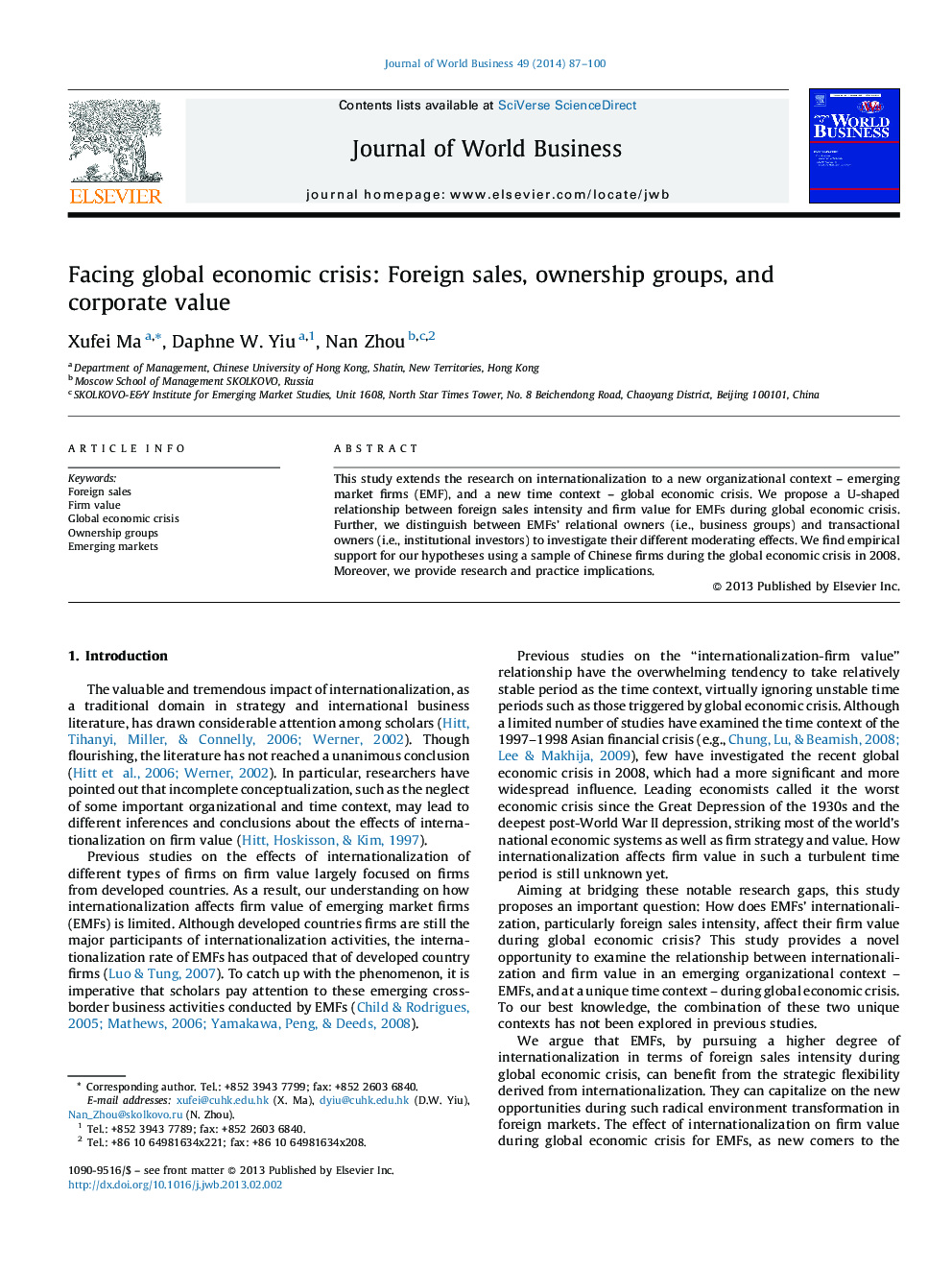 Facing global economic crisis: Foreign sales, ownership groups, and corporate value