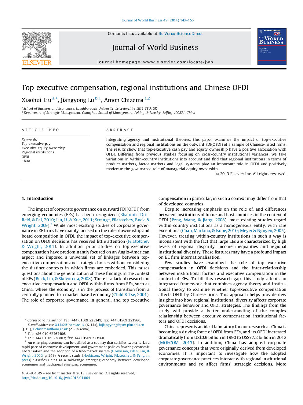 Top executive compensation, regional institutions and Chinese OFDI