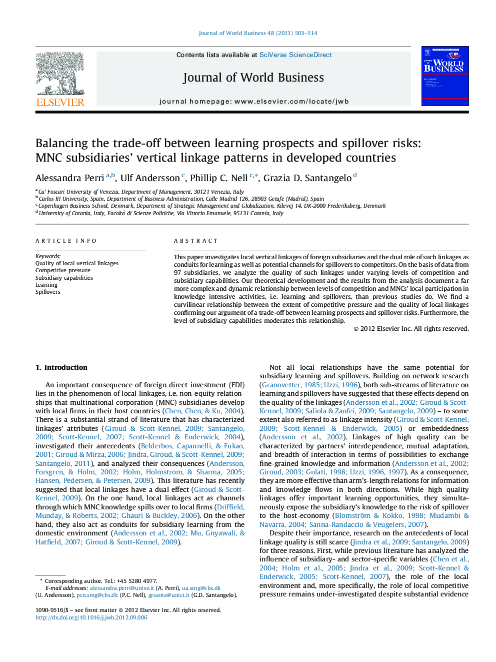 Balancing the trade-off between learning prospects and spillover risks: MNC subsidiaries’ vertical linkage patterns in developed countries