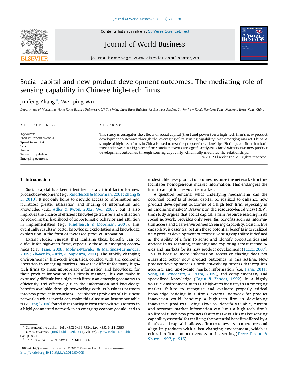 Social capital and new product development outcomes: The mediating role of sensing capability in Chinese high-tech firms