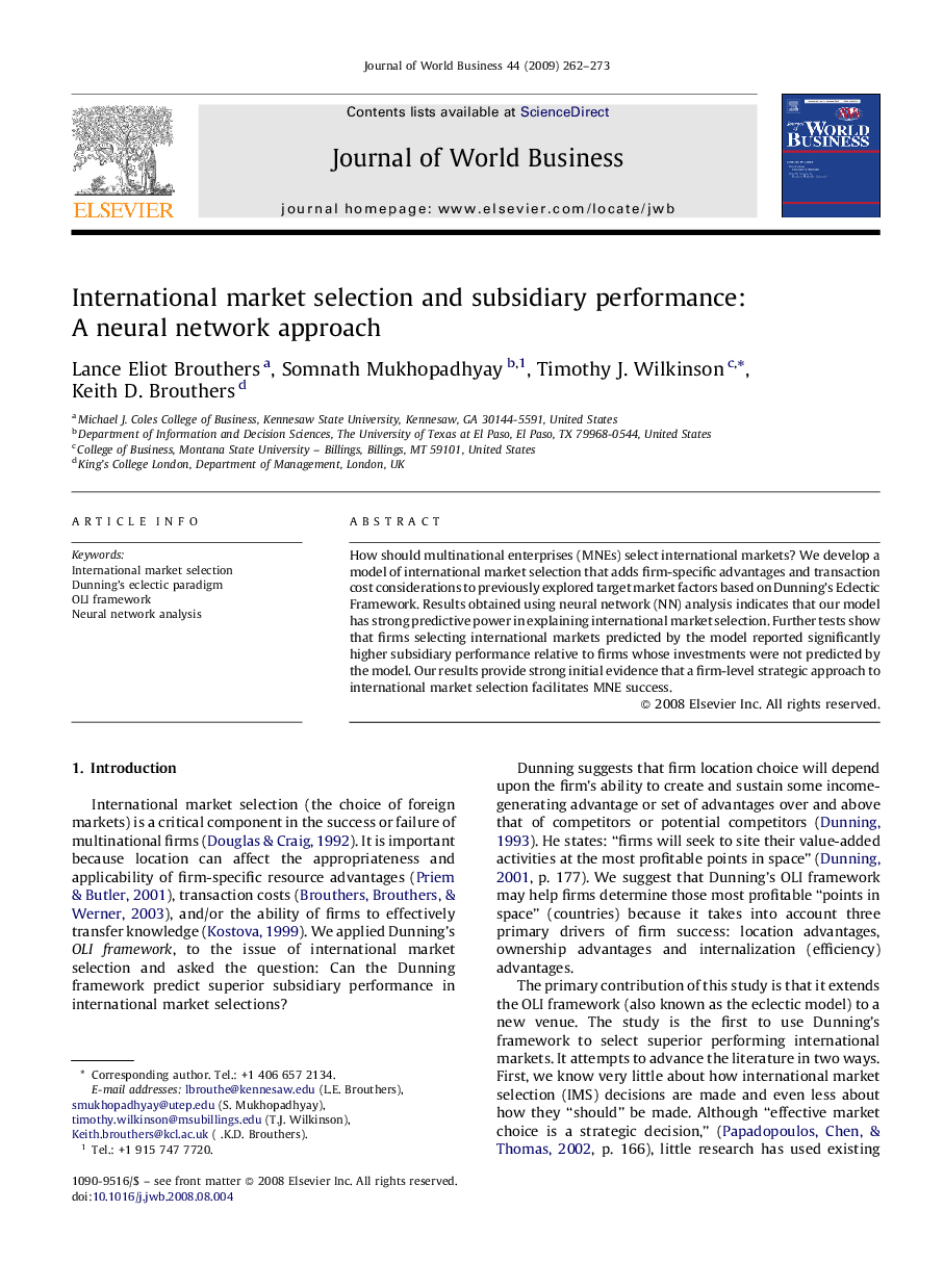 International market selection and subsidiary performance: A neural network approach