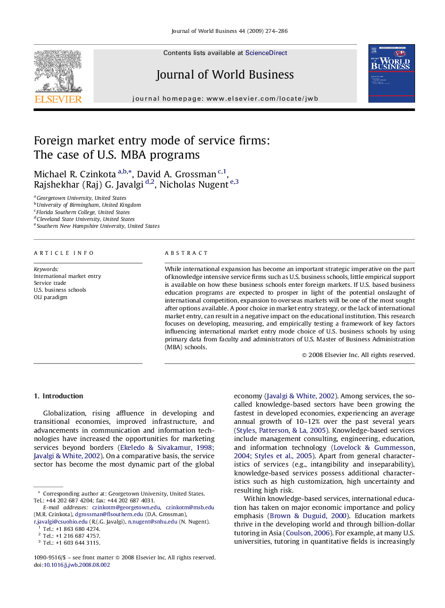 Foreign market entry mode of service firms: The case of U.S. MBA programs