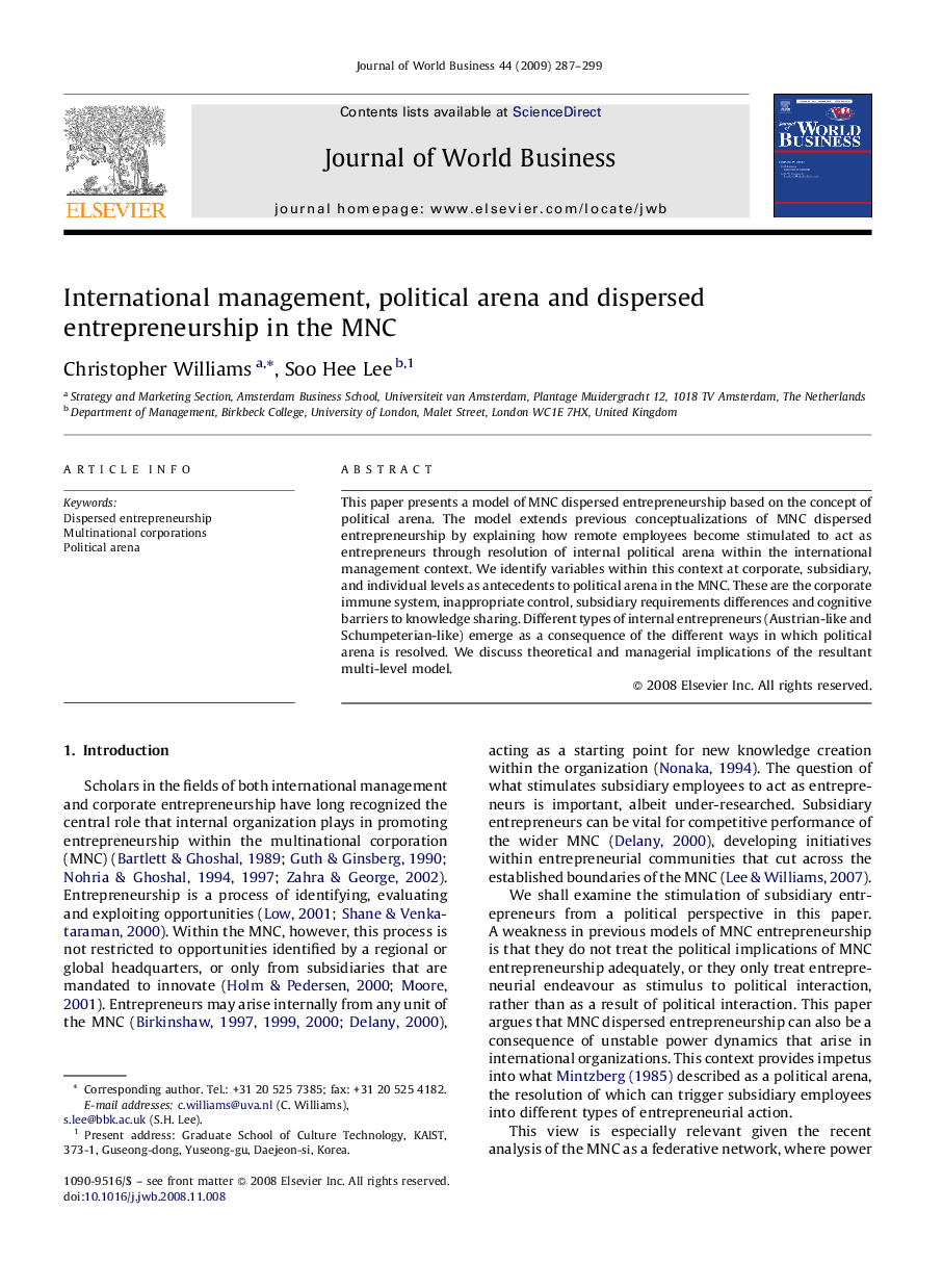 International management, political arena and dispersed entrepreneurship in the MNC