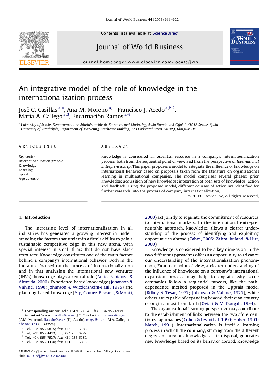 An integrative model of the role of knowledge in the internationalization process