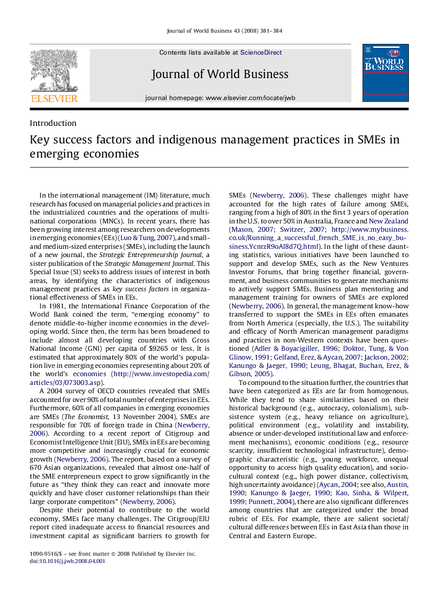 Key success factors and indigenous management practices in SMEs in emerging economies