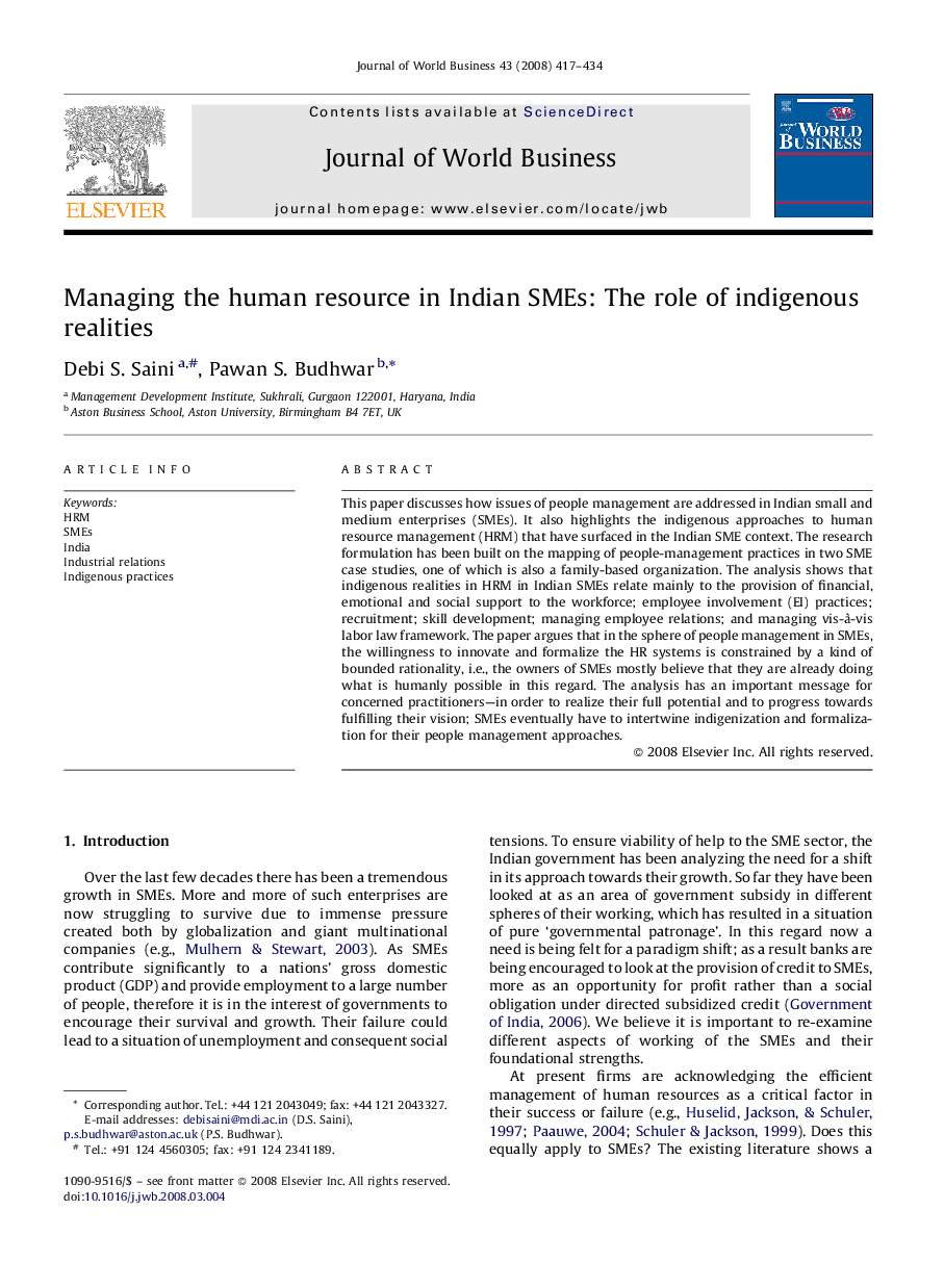 Managing the human resource in Indian SMEs: The role of indigenous realities