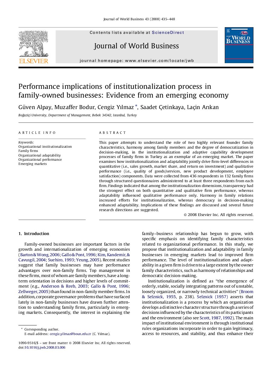 Performance implications of institutionalization process in family-owned businesses: Evidence from an emerging economy