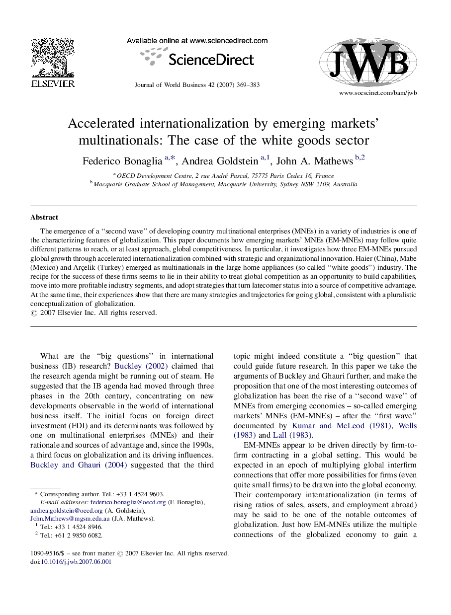 Accelerated internationalization by emerging markets’ multinationals: The case of the white goods sector