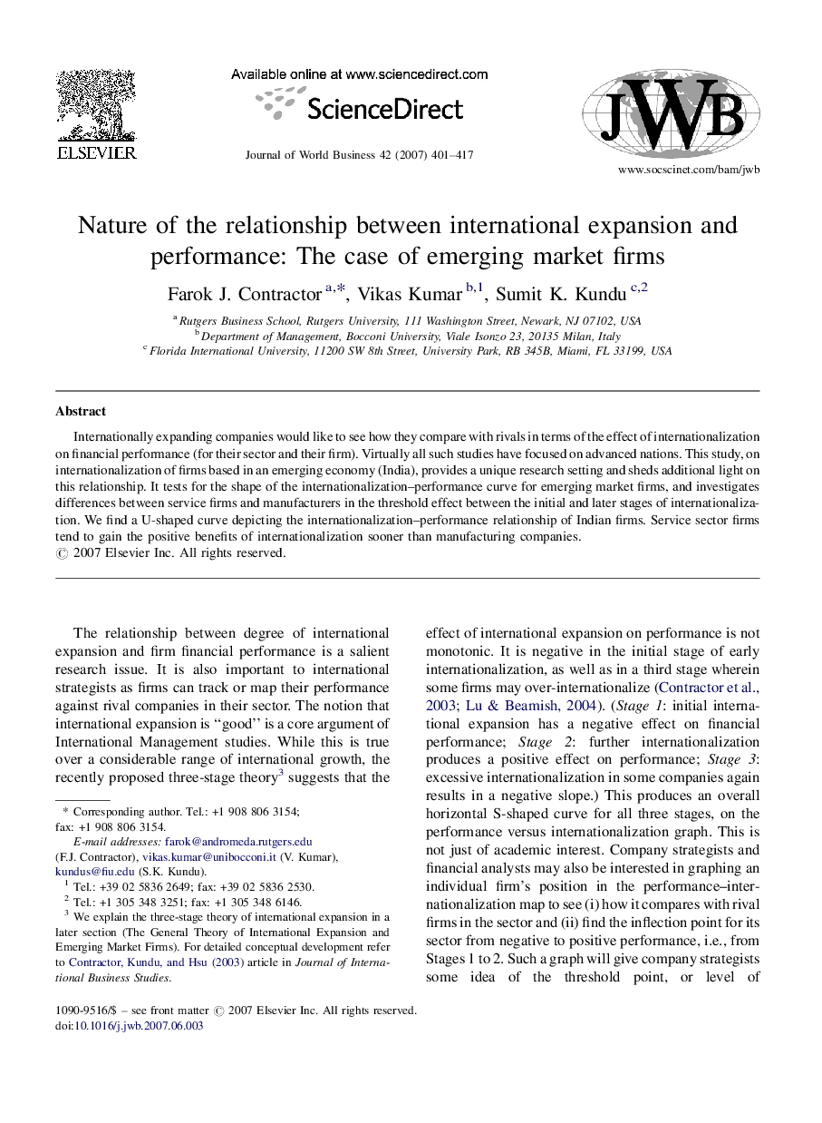 Nature of the relationship between international expansion and performance: The case of emerging market firms