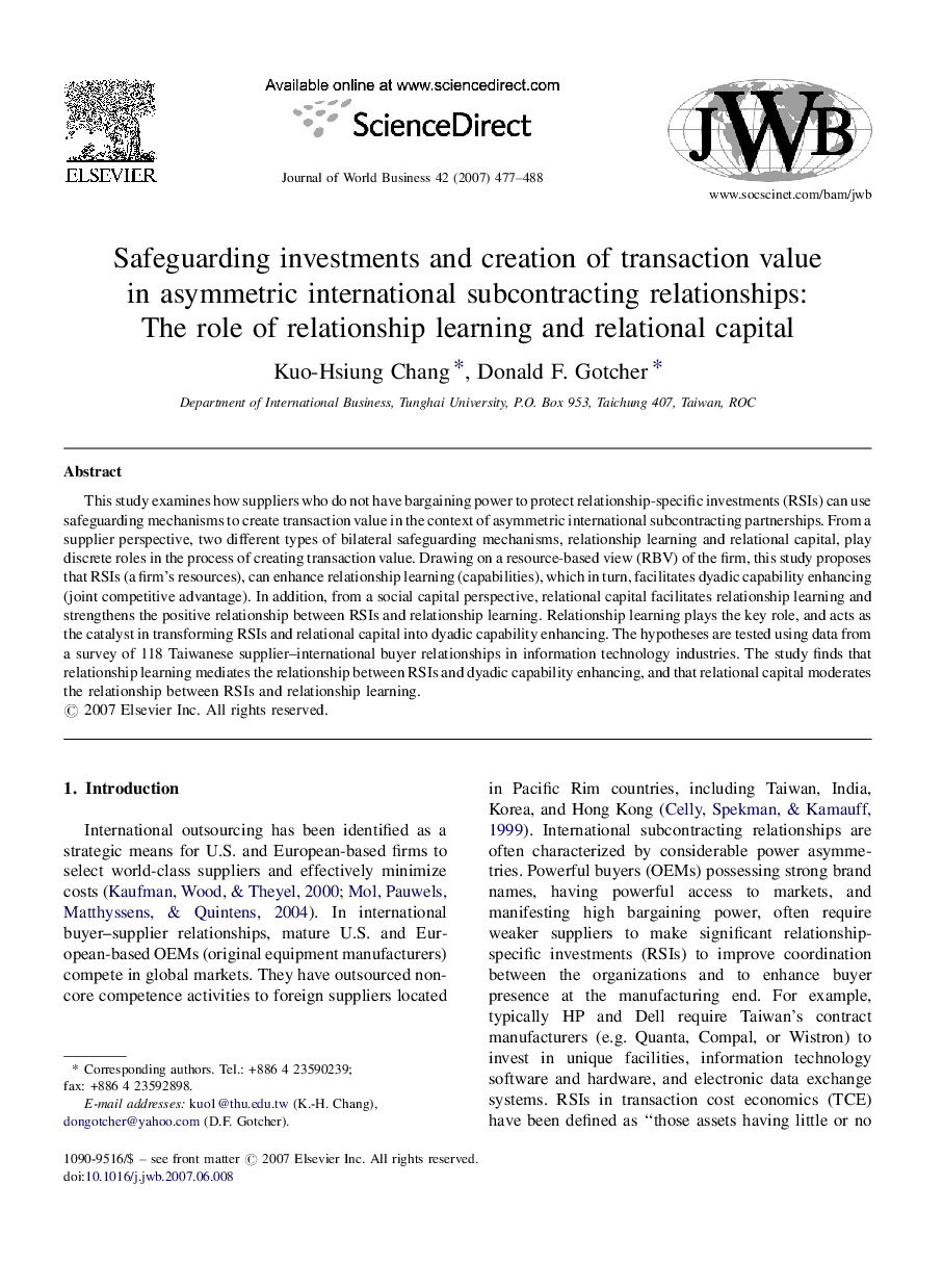 Safeguarding investments and creation of transaction value in asymmetric international subcontracting relationships: The role of relationship learning and relational capital