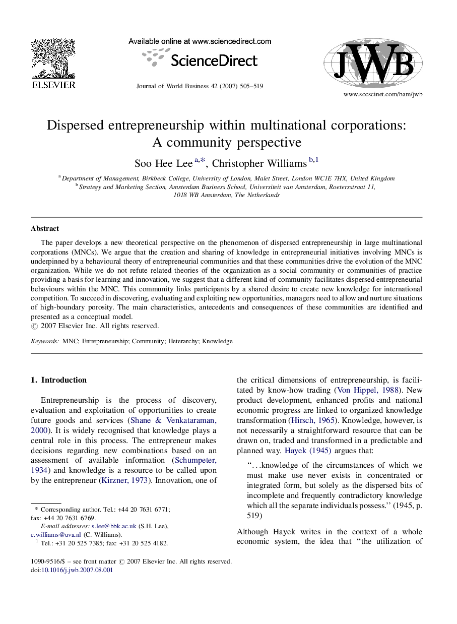 Dispersed entrepreneurship within multinational corporations: A community perspective