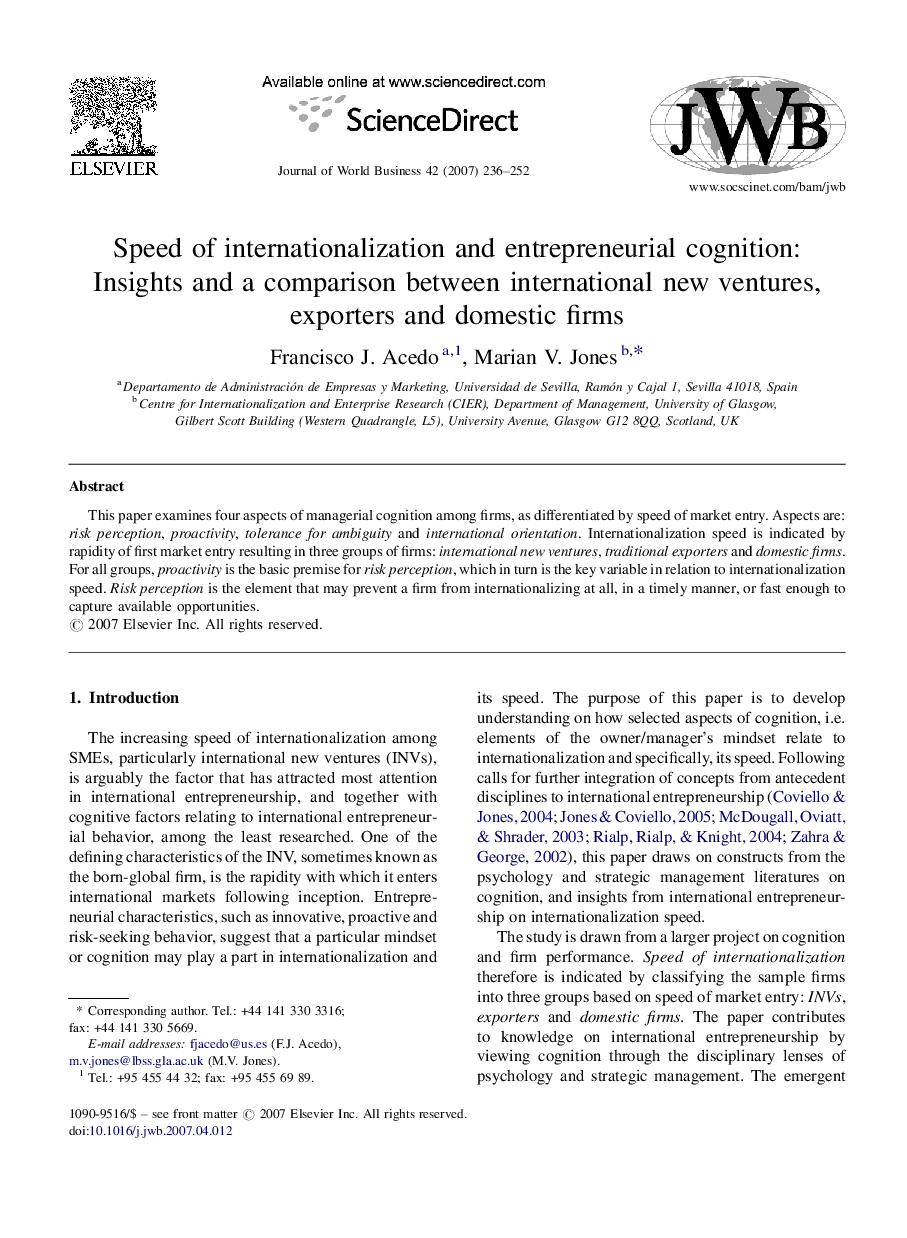 Speed of internationalization and entrepreneurial cognition: Insights and a comparison between international new ventures, exporters and domestic firms