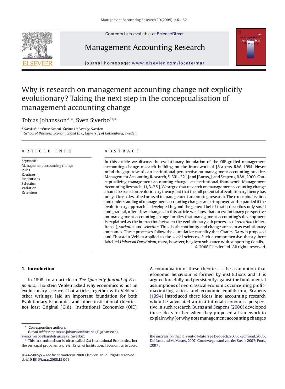 Why is research on management accounting change not explicitly evolutionary? Taking the next step in the conceptualisation of management accounting change