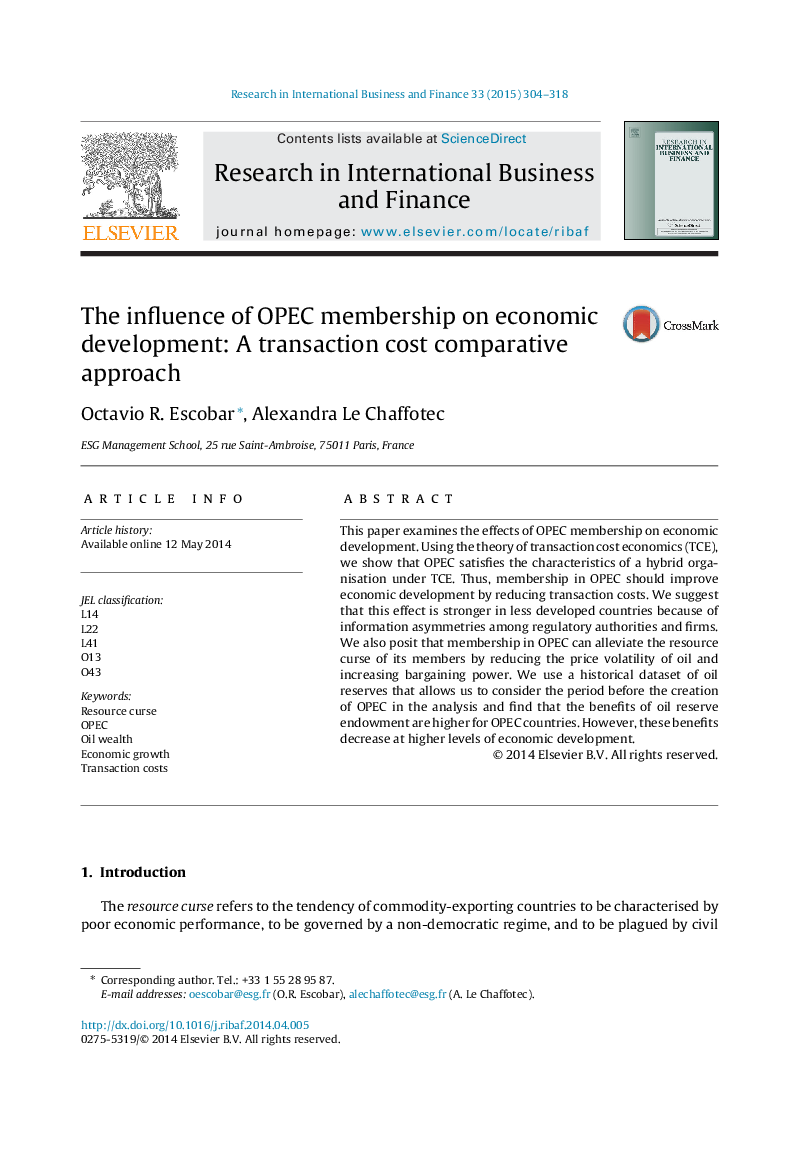 The influence of OPEC membership on economic development: A transaction cost comparative approach