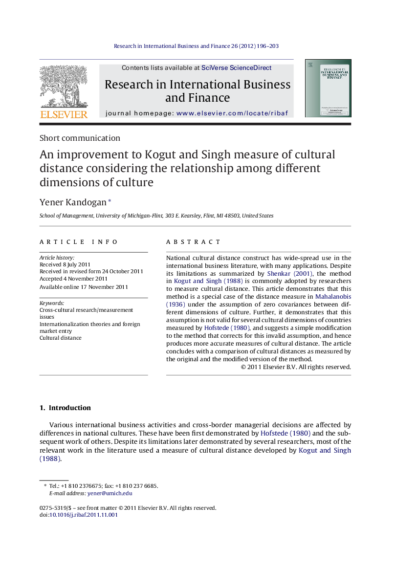 An improvement to Kogut and Singh measure of cultural distance considering the relationship among different dimensions of culture