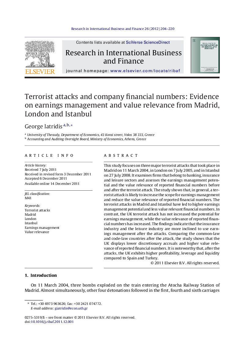 Terrorist attacks and company financial numbers: Evidence on earnings management and value relevance from Madrid, London and Istanbul