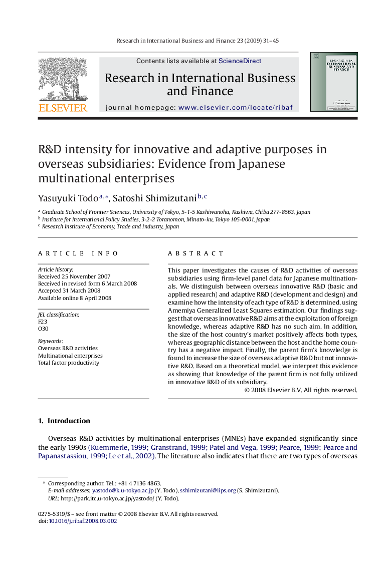 R&D intensity for innovative and adaptive purposes in overseas subsidiaries: Evidence from Japanese multinational enterprises