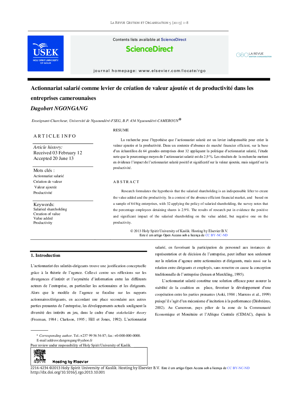 Actionnariat salarié comme levier de création de valeur ajoutée et de productivité dans les entreprises camerounaises 