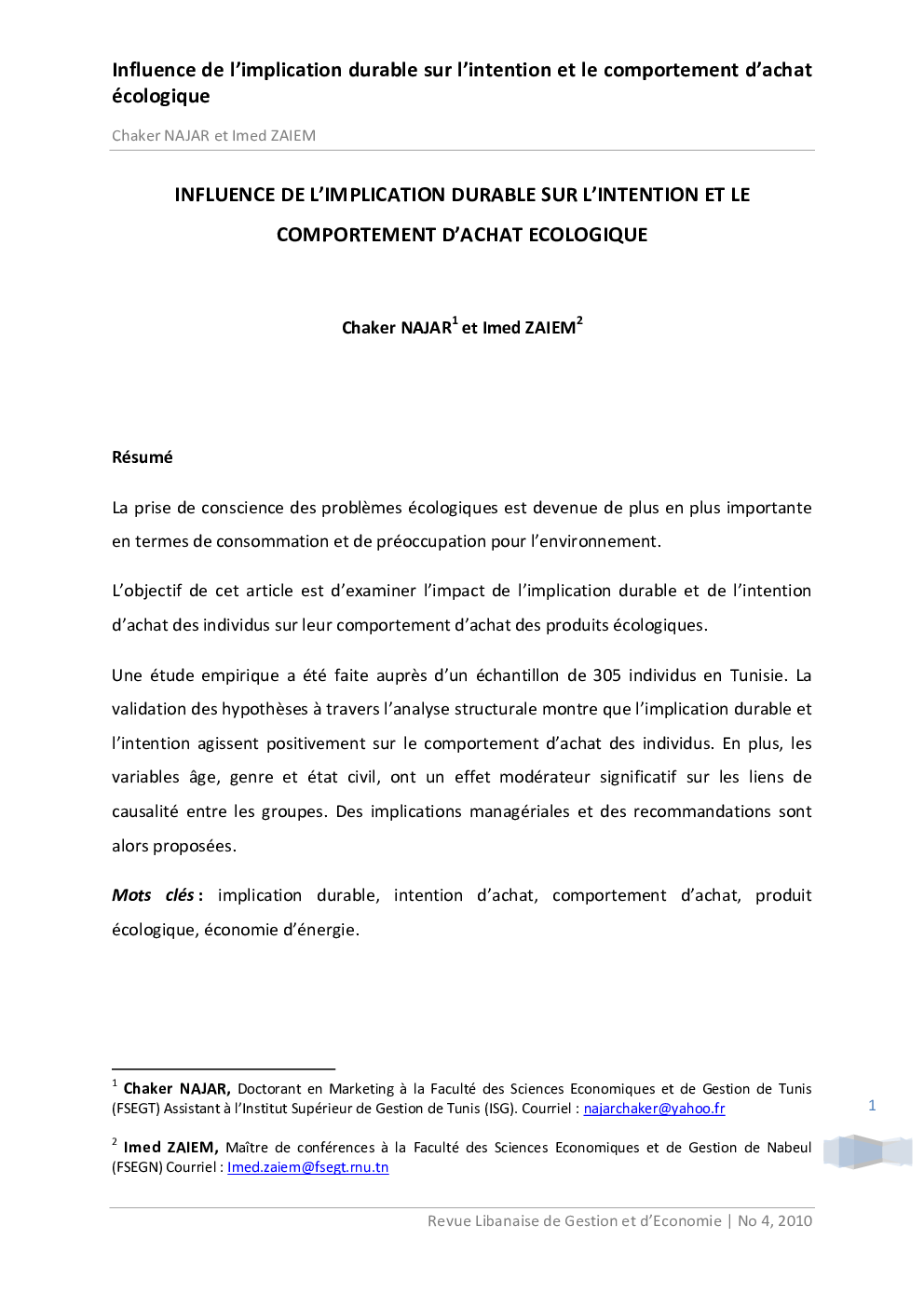 Influence De L’implication Durable sur L’intention et le Comportement D’achat Ecologique