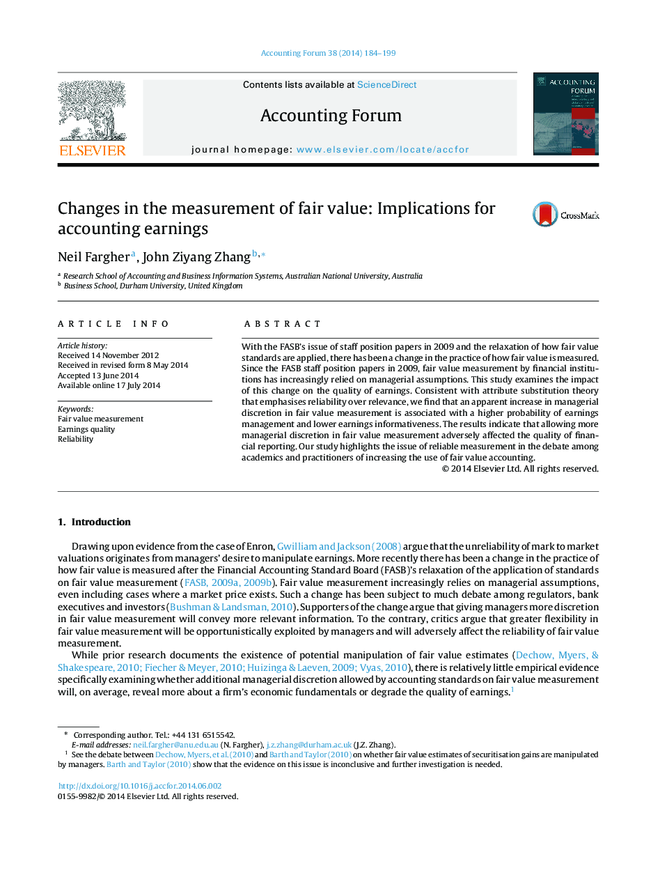 Changes in the measurement of fair value: Implications for accounting earnings