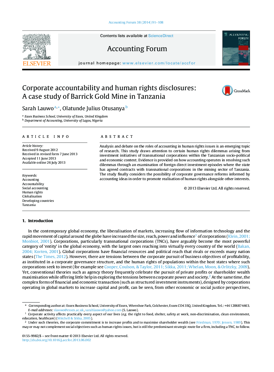 Corporate accountability and human rights disclosures: A case study of Barrick Gold Mine in Tanzania