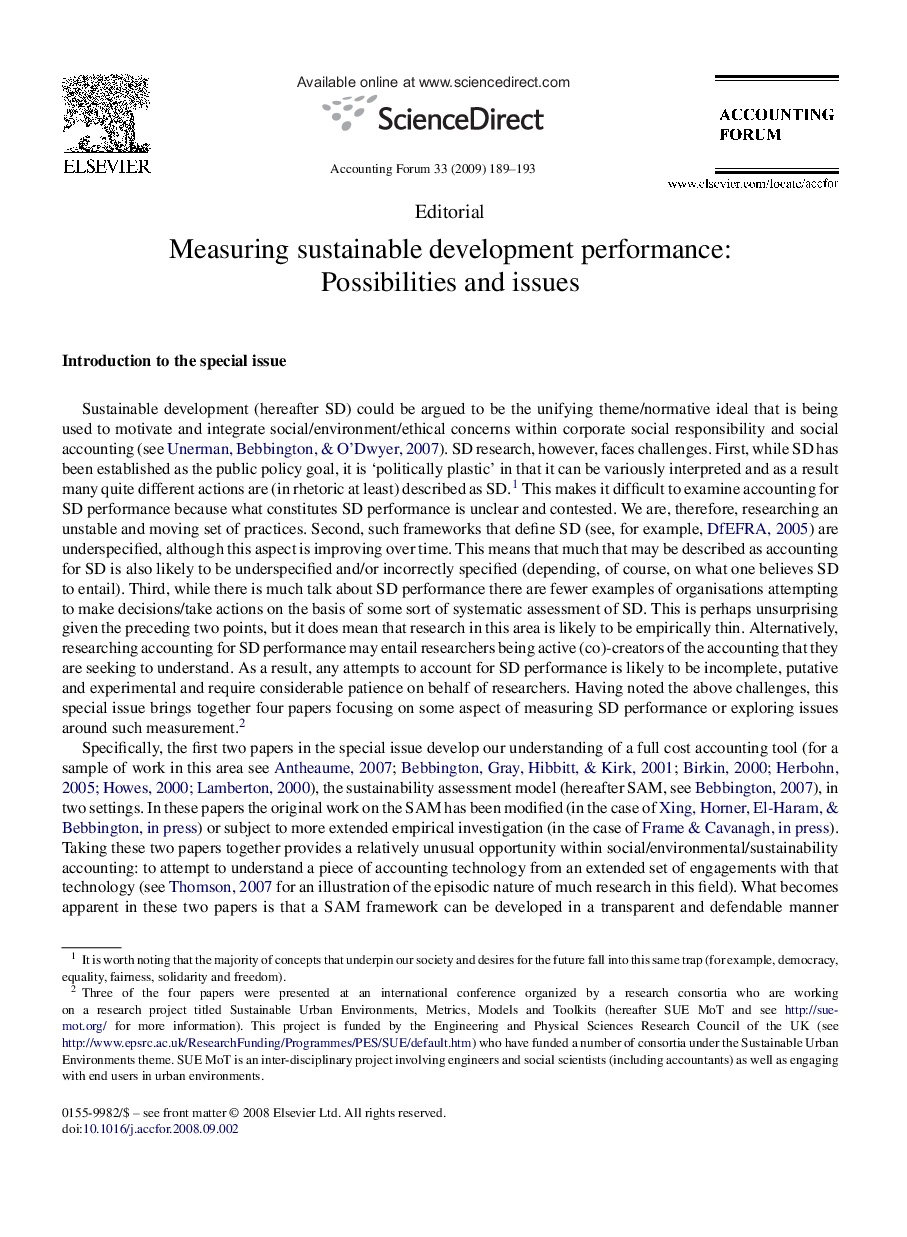 Measuring sustainable development performance: Possibilities and issues