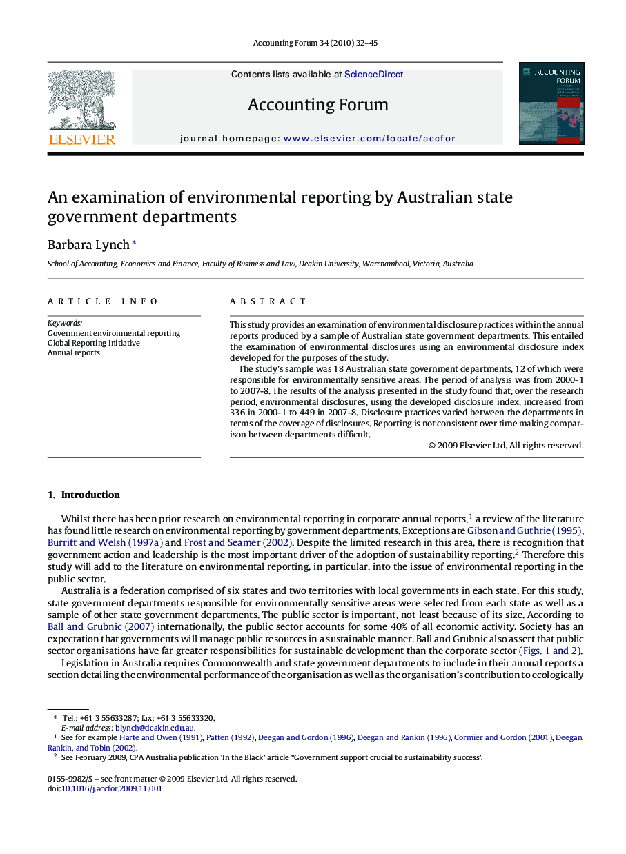 An examination of environmental reporting by Australian state government departments