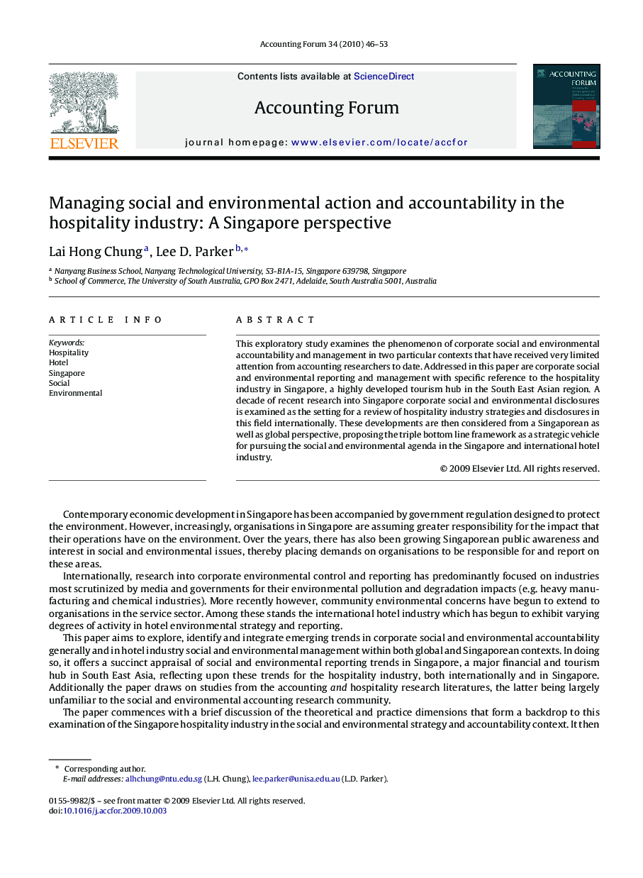 Managing social and environmental action and accountability in the hospitality industry: A Singapore perspective