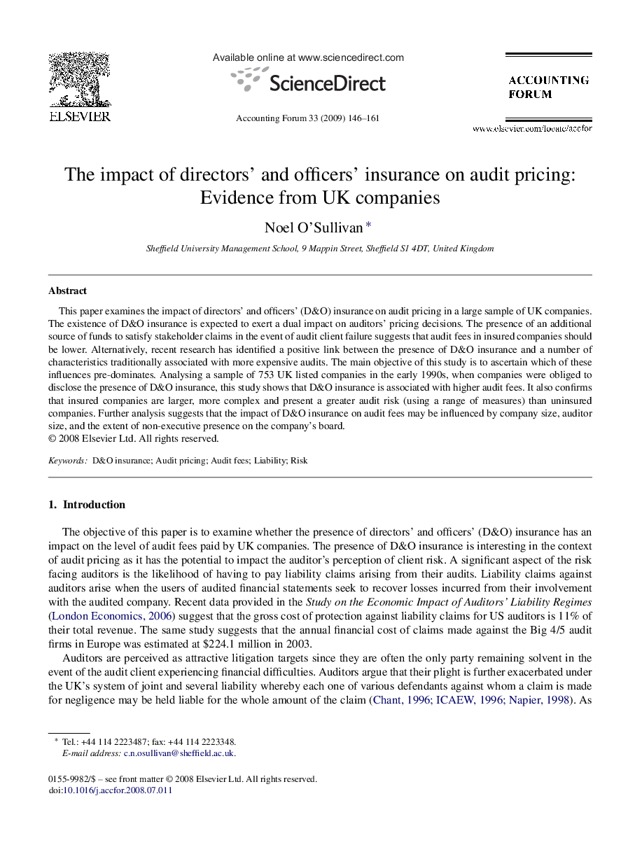 The impact of directors’ and officers’ insurance on audit pricing: Evidence from UK companies