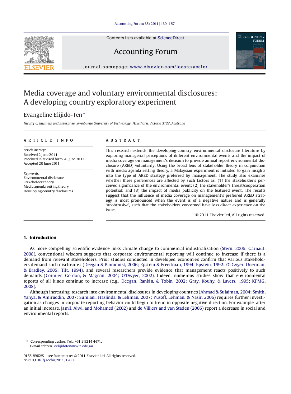 Media coverage and voluntary environmental disclosures: A developing country exploratory experiment