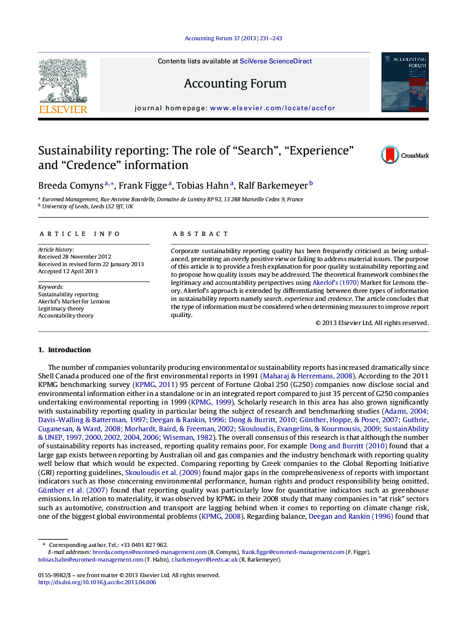 Sustainability reporting: The role of “Search”, “Experience” and “Credence” information