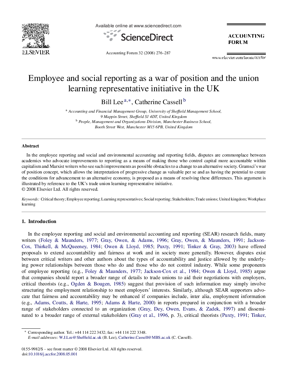 Employee and social reporting as a war of position and the union learning representative initiative in the UK