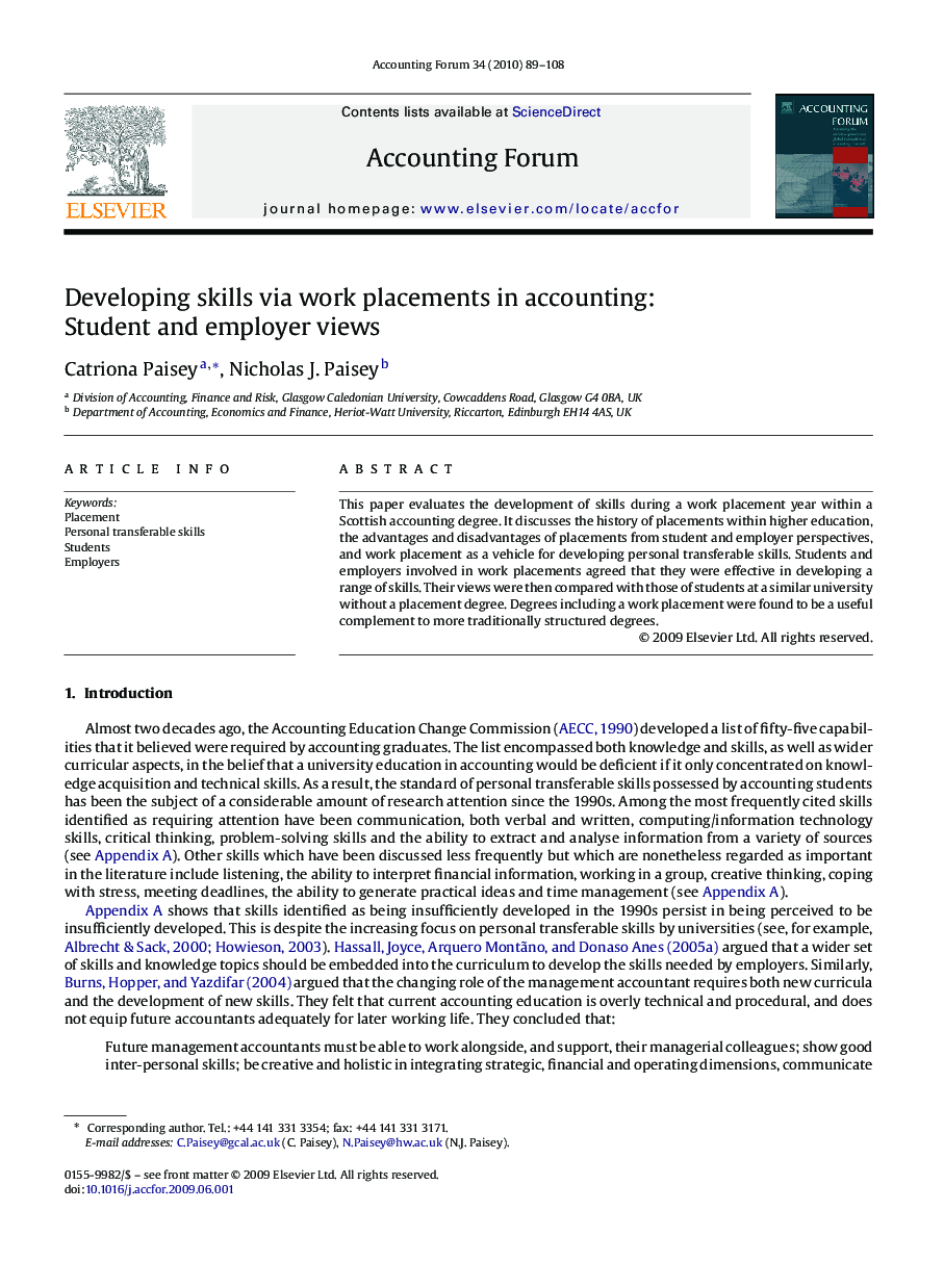 Developing skills via work placements in accounting: Student and employer views