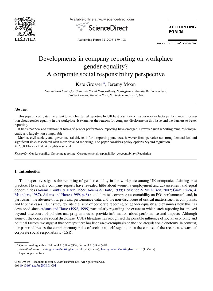 Developments in company reporting on workplace gender equality?: A corporate social responsibility perspective