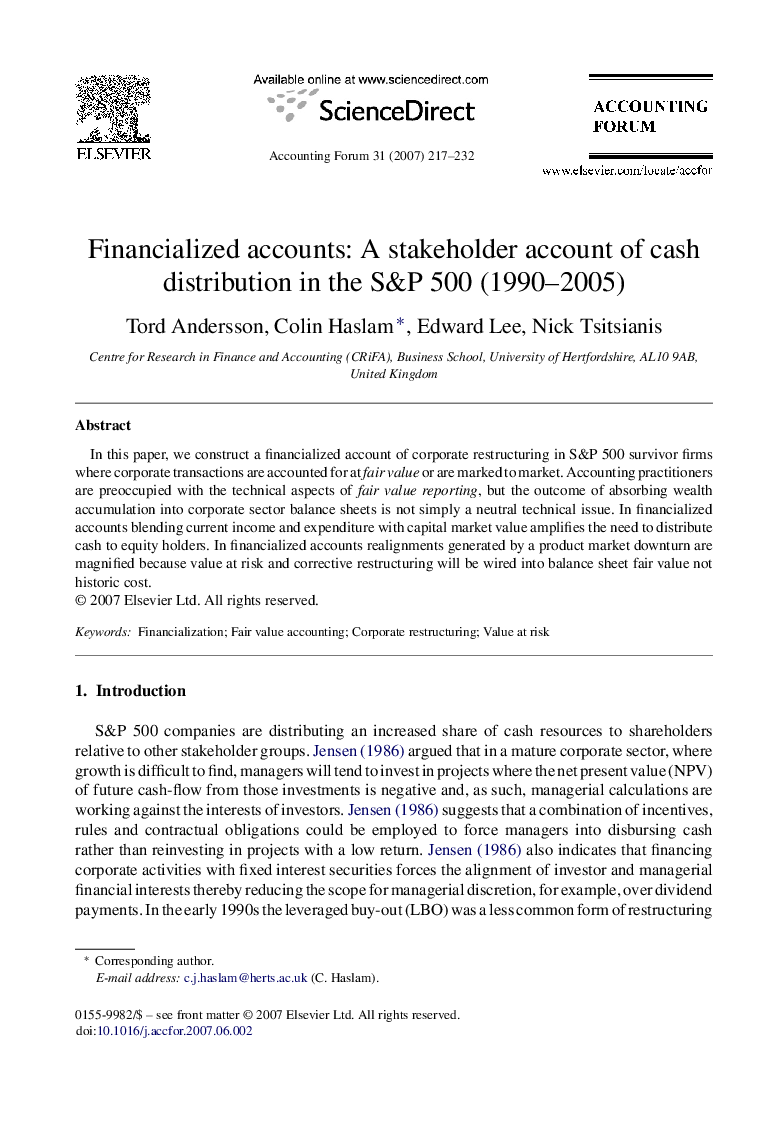 Financialized accounts: A stakeholder account of cash distribution in the S&P 500 (1990–2005)