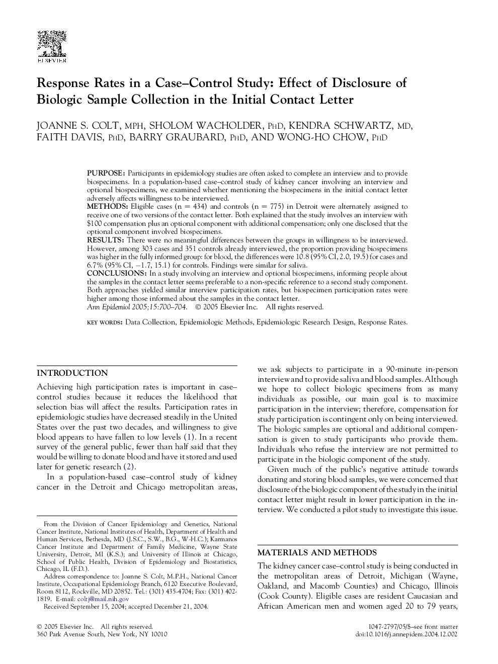 Response Rates in a Case-Control Study: Effect of Disclosure of Biologic Sample Collection in the Initial Contact Letter