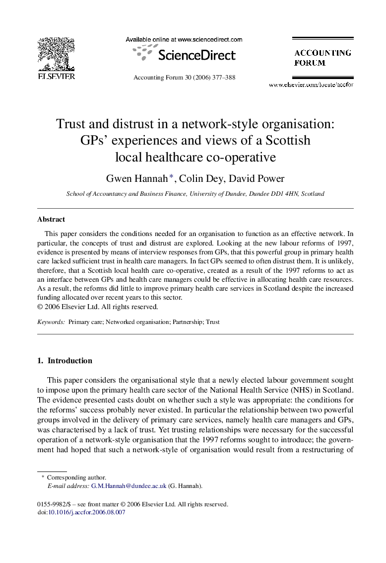 Trust and distrust in a network-style organisation: GPs’ experiences and views of a Scottish local healthcare co-operative