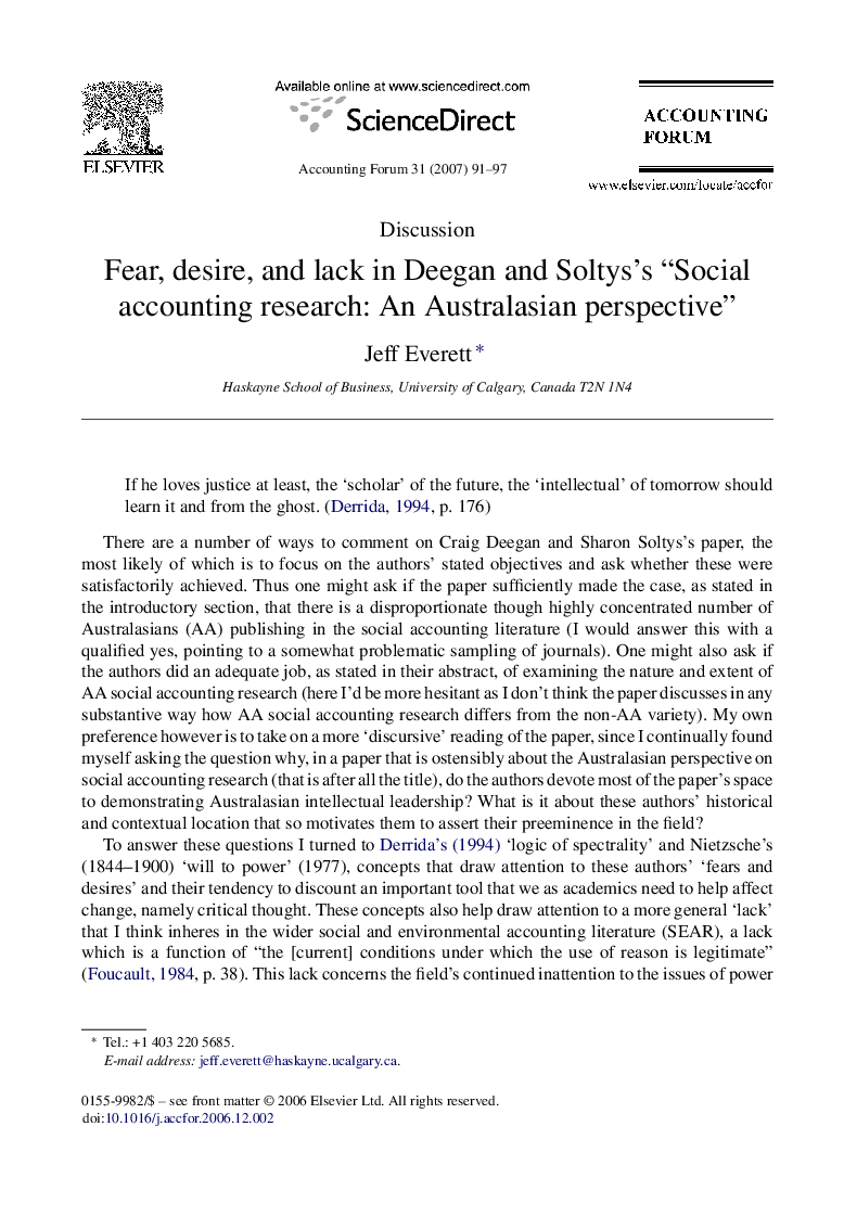 Fear, desire, and lack in Deegan and Soltys's “Social accounting research: An Australasian perspective”