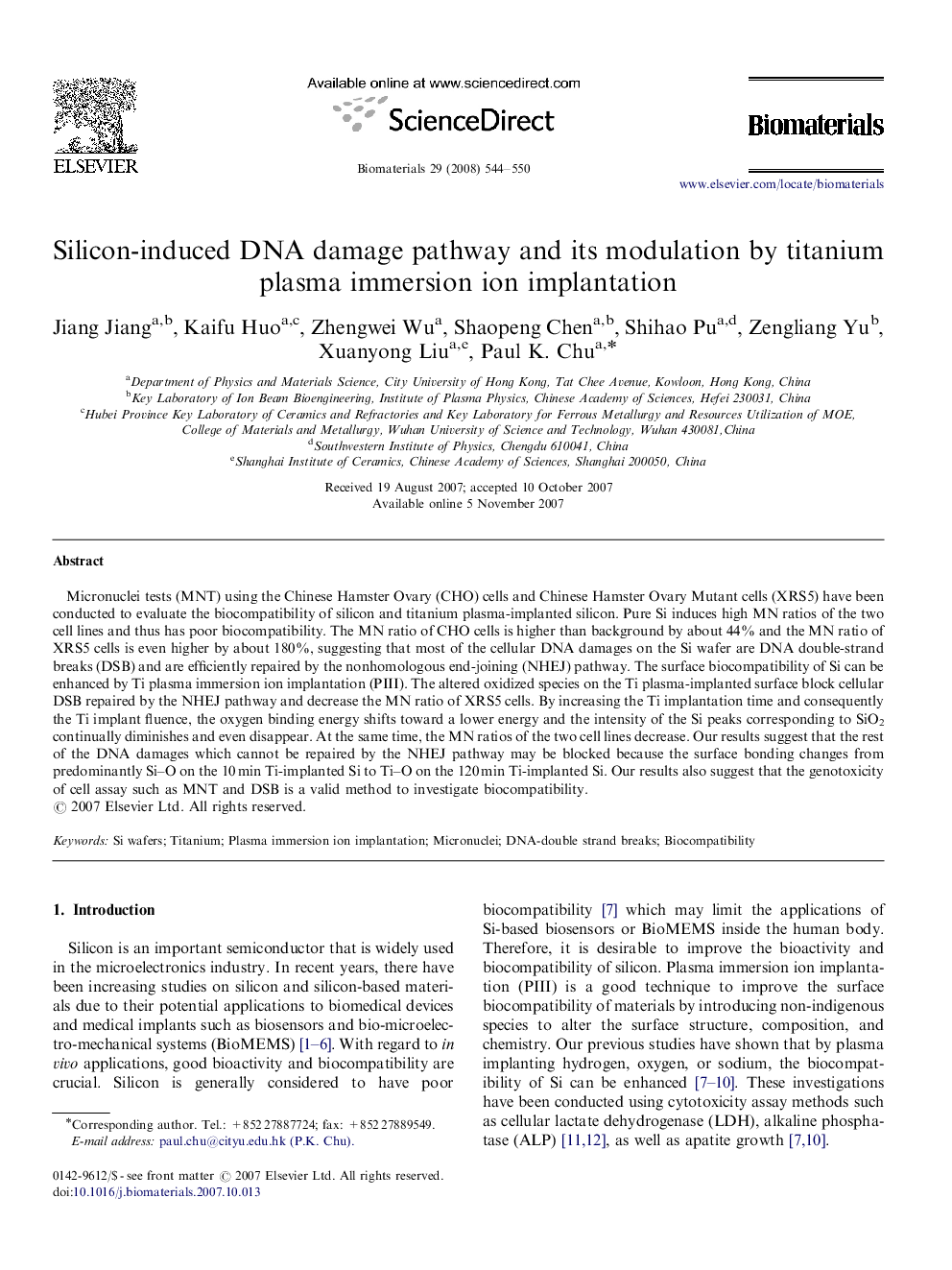 Silicon-induced DNA damage pathway and its modulation by titanium plasma immersion ion implantation