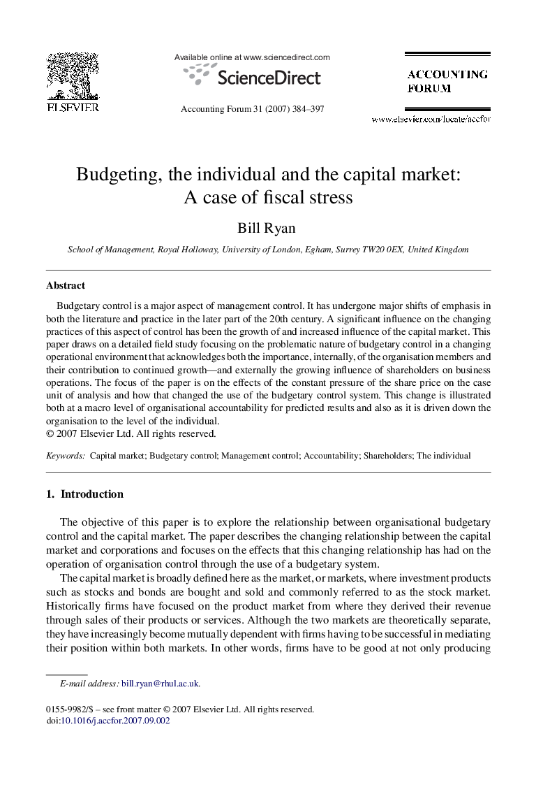 Budgeting, the individual and the capital market: A case of fiscal stress