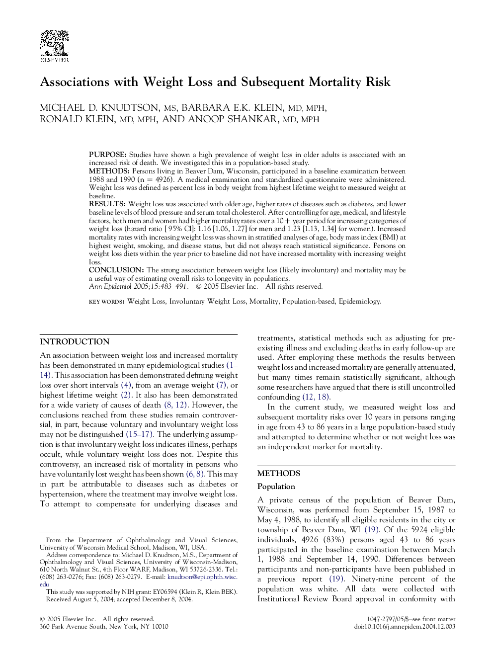 Associations with Weight Loss and Subsequent Mortality Risk