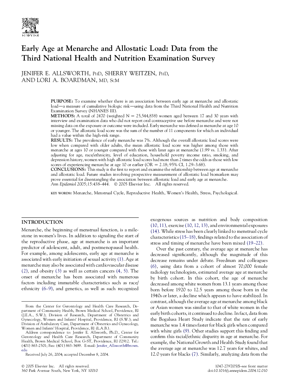 Early Age at Menarche and Allostatic Load: Data from the Third National Health and Nutrition Examination Survey