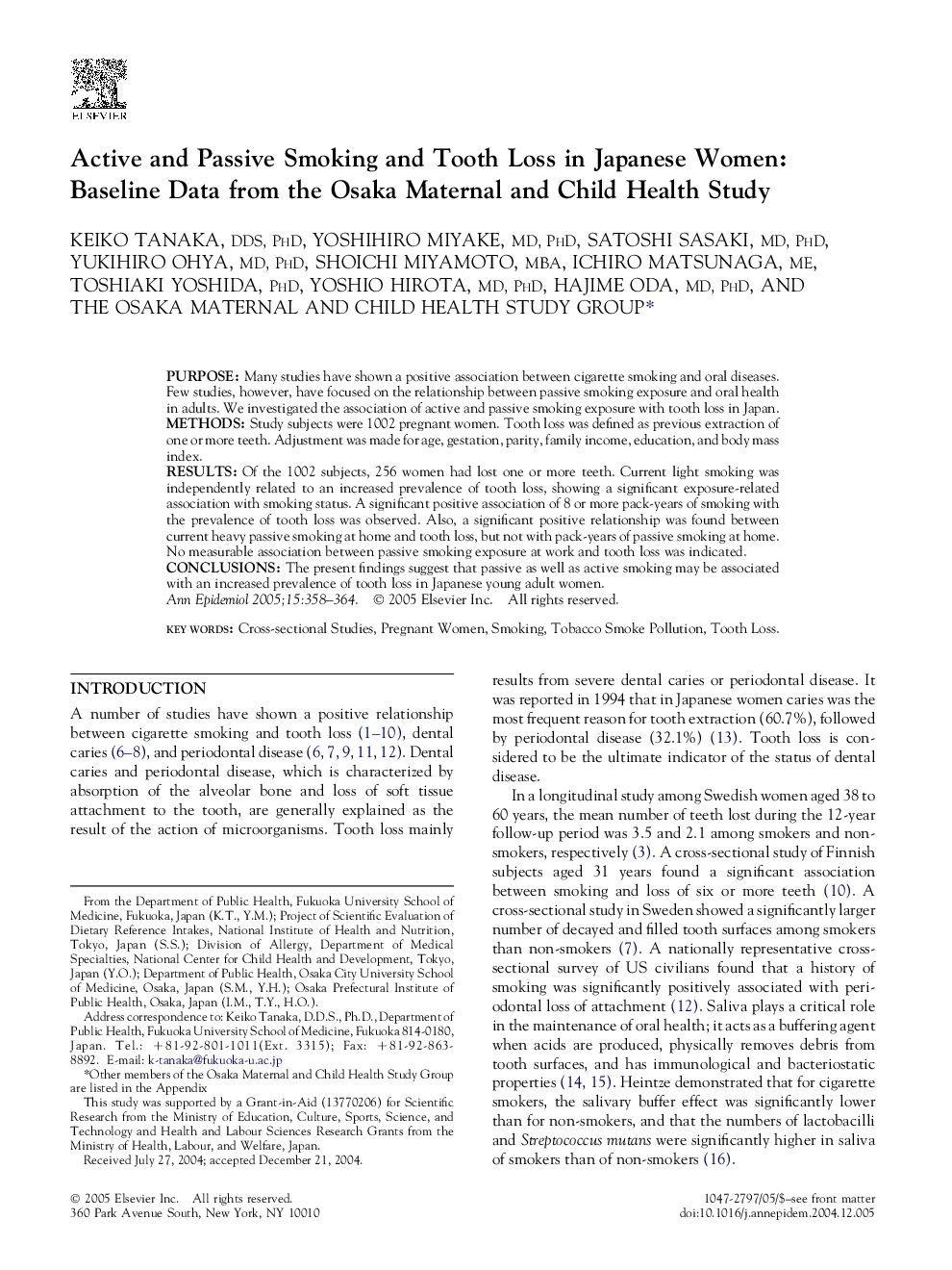 Active and Passive Smoking and Tooth Loss in Japanese Women: Baseline Data from the Osaka Maternal and Child Health Study