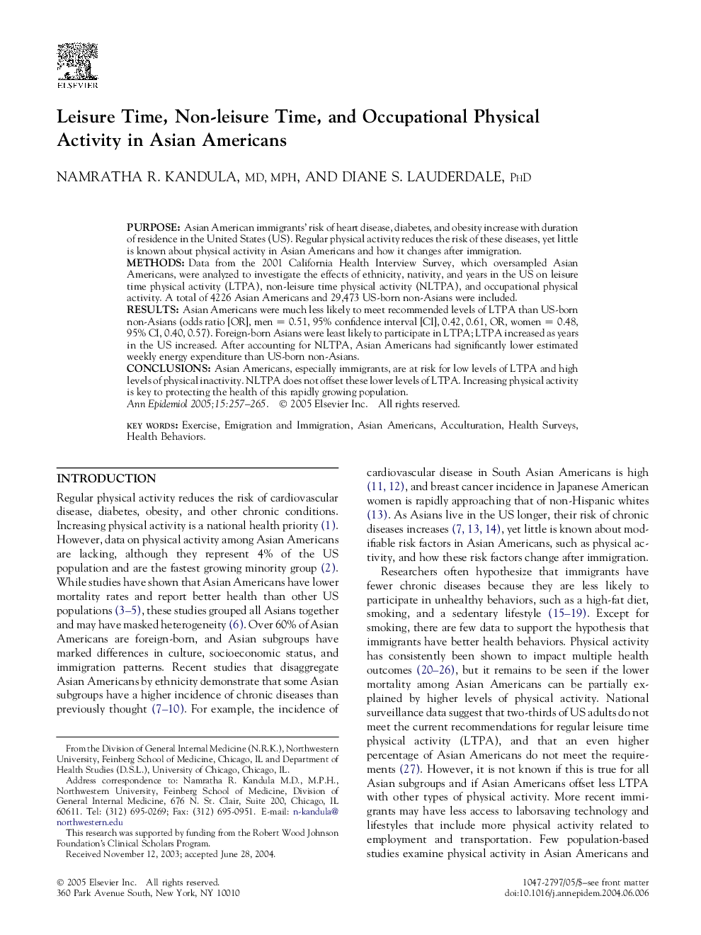 Leisure Time, Non-leisure Time, and Occupational Physical Activity in Asian Americans