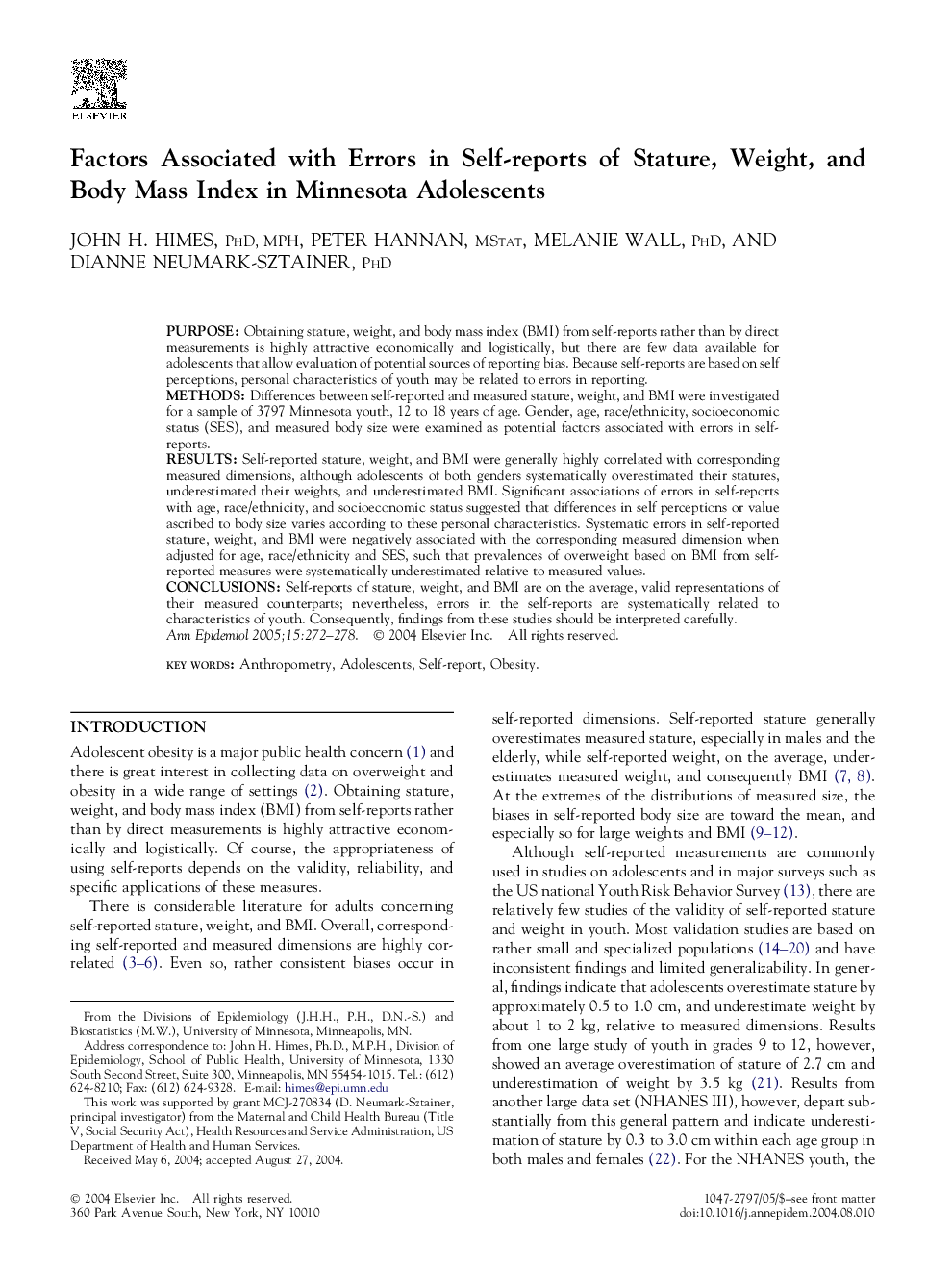 Factors Associated with Errors in Self-reports of Stature, Weight, and Body Mass Index in Minnesota Adolescents