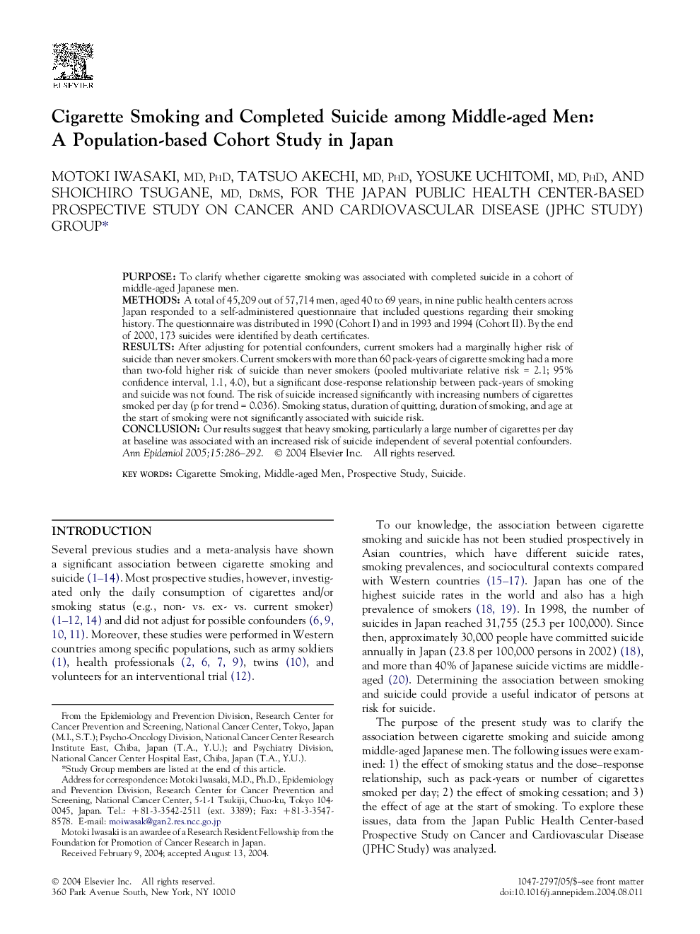 Cigarette Smoking and Completed Suicide among Middle-aged Men: A Population-based Cohort Study in Japan