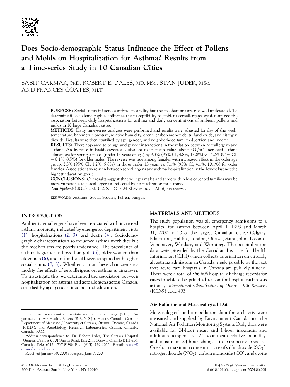 Does Socio-demographic Status Influence the Effect of Pollens and Molds on Hospitalization for Asthma? Results from a Time-series Study in 10 Canadian Cities