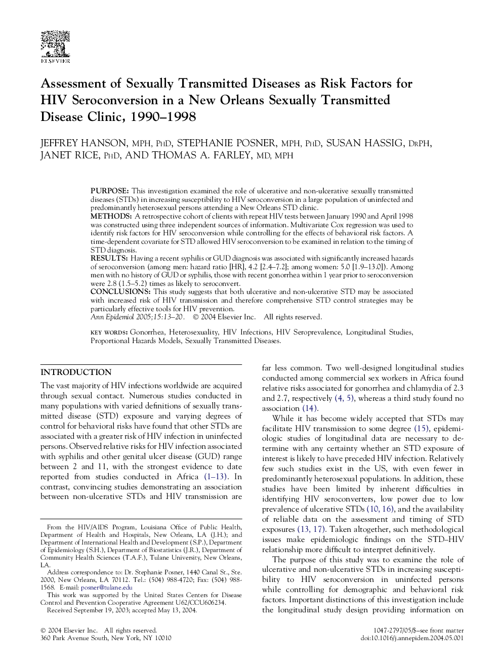 Assessment of sexually transmitted diseases as risk factors for HIV seroconversion in a New Orleans sexually transmitted disease clinic, 1990-1998